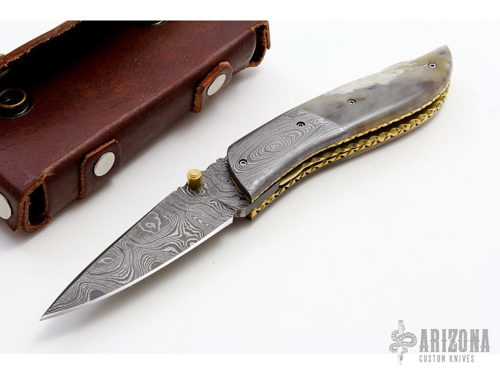 Damascus And Bone Linerlock Arizona Custom Knives