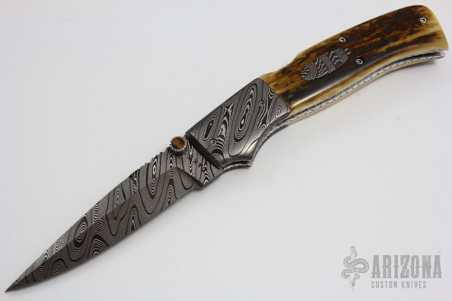 Damascus And Mammoth Ivory Da Lockback 9934 Arizona Custom Knives 4090