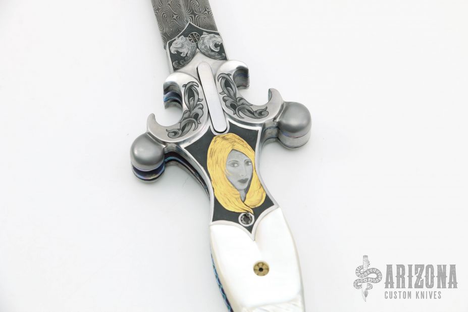 Damascus and Pearl Engraved Auto | Arizona Custom Knives
