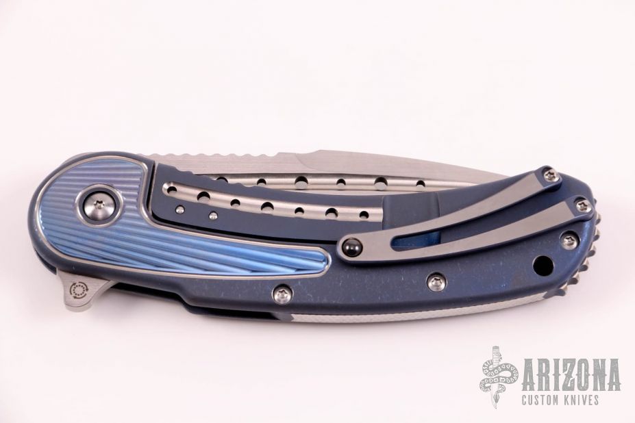 Todd Begg Knives: Steelcraft Series - Bodega - Blue Frame - Blue Diamond  Pattern - Damasteel 101