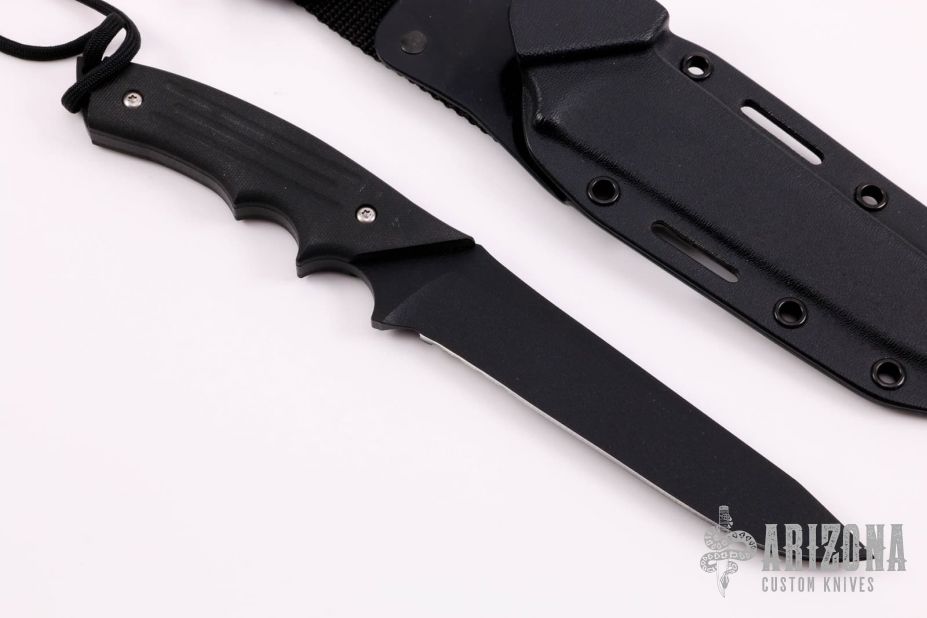Jesse James Big Fixie Survival Knife 9.5 A2 Black Cerakote Drop Point,  Hollow Black Steel Handles, MOLLE Compatible Boltaron Belt Sheath -  KnifeCenter - JJKC4DP