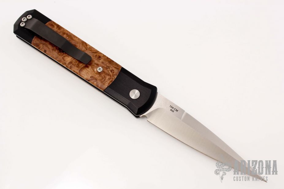 Godfather 906 - Black Handle / Maple Burl Inlay / Satin Plain Edge