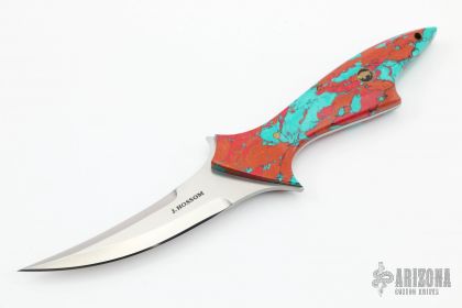 Jerry Hossom Custom Knife Navajo Pixie Turquoise with Red Liners and Brass  and Mosaic Pins - Knife Purveyor