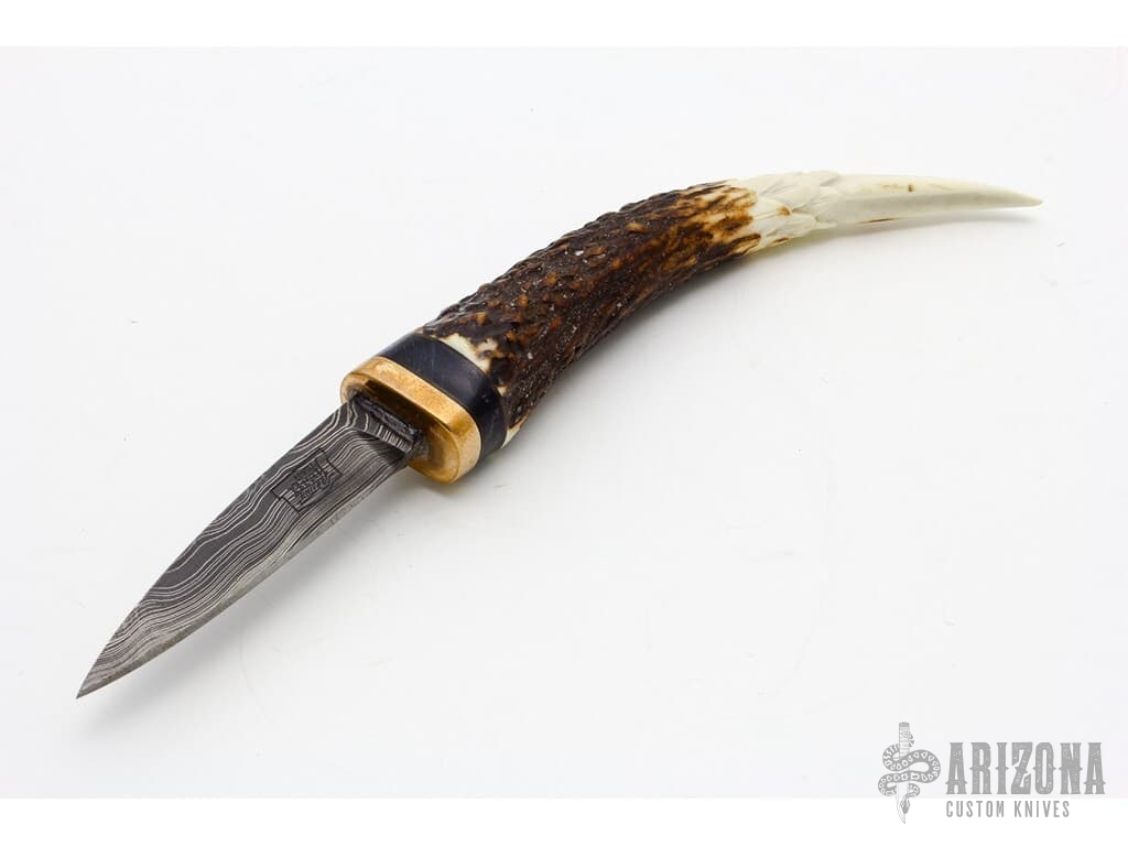 Damascus and Carved Stag Desk Knife w/ Stand - Arizona Custom Knives