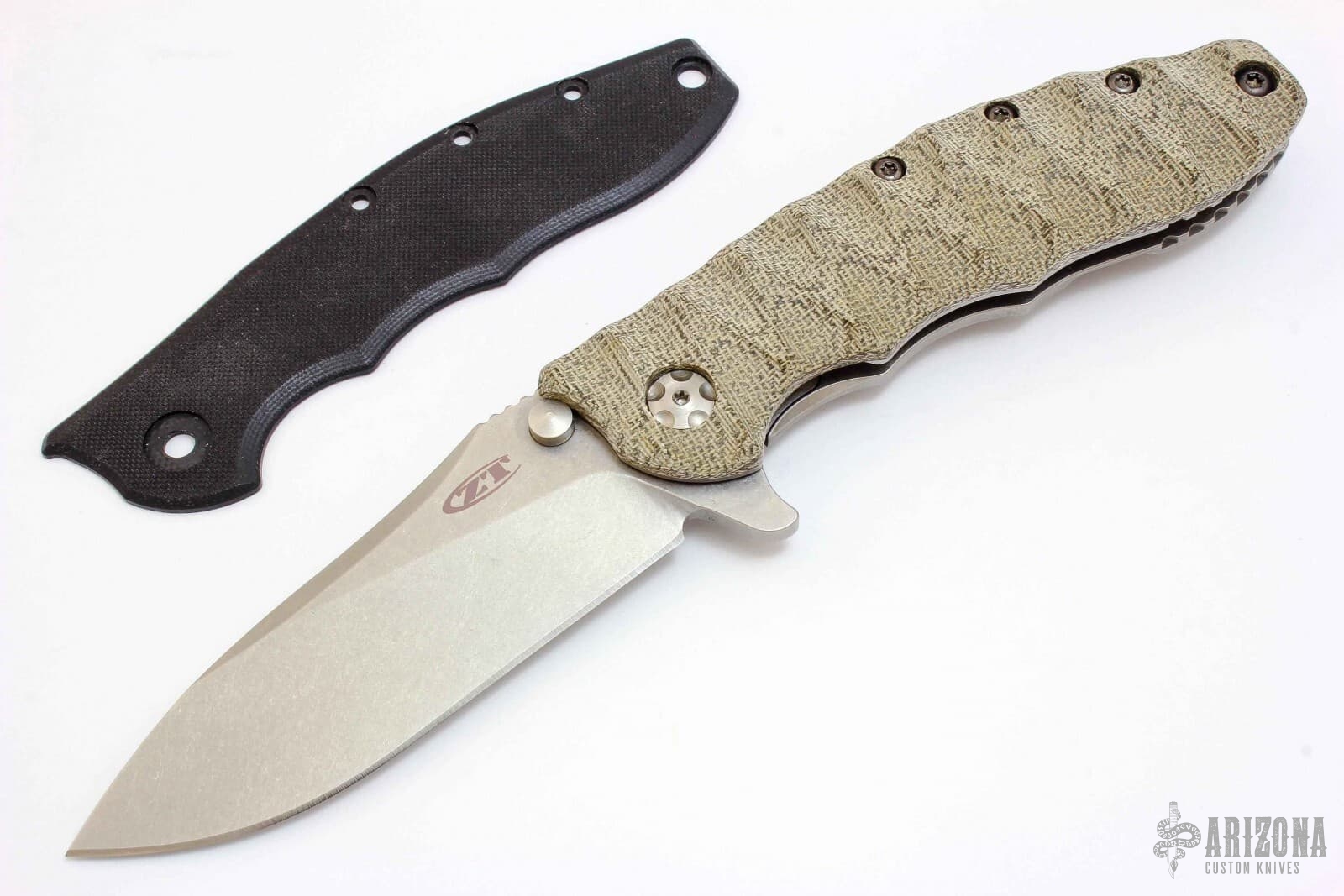奄美タタロウ様② 0562CF Hinderer Slicer - Green Linen Micarta - Arizona Custom Knives