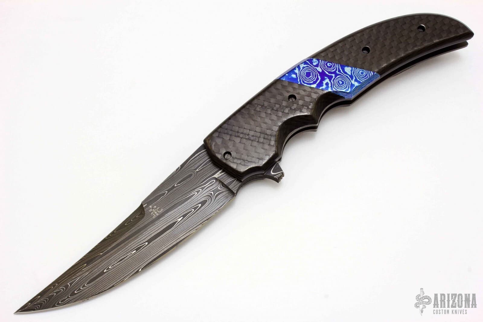 Persian Flipper - Damascus/CF/MokuTi | Arizona Custom Knives