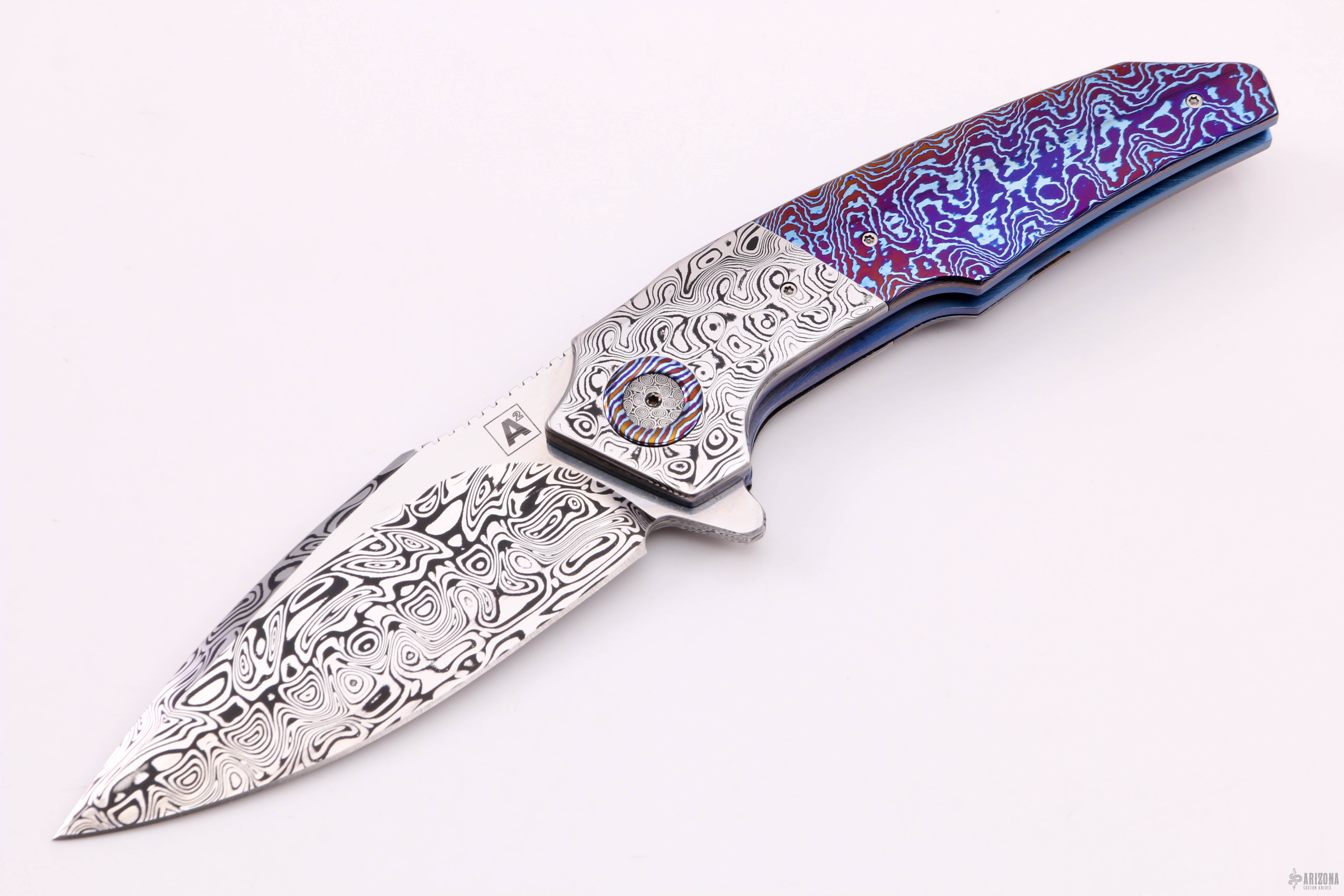 Collaboration Van Heerden & Andre Thorburn Custom Knife A6 Damascus, Heat  Colored Zladinox Feather Pattern Titanium IKBS Premium Flipper - Knife  Purveyor