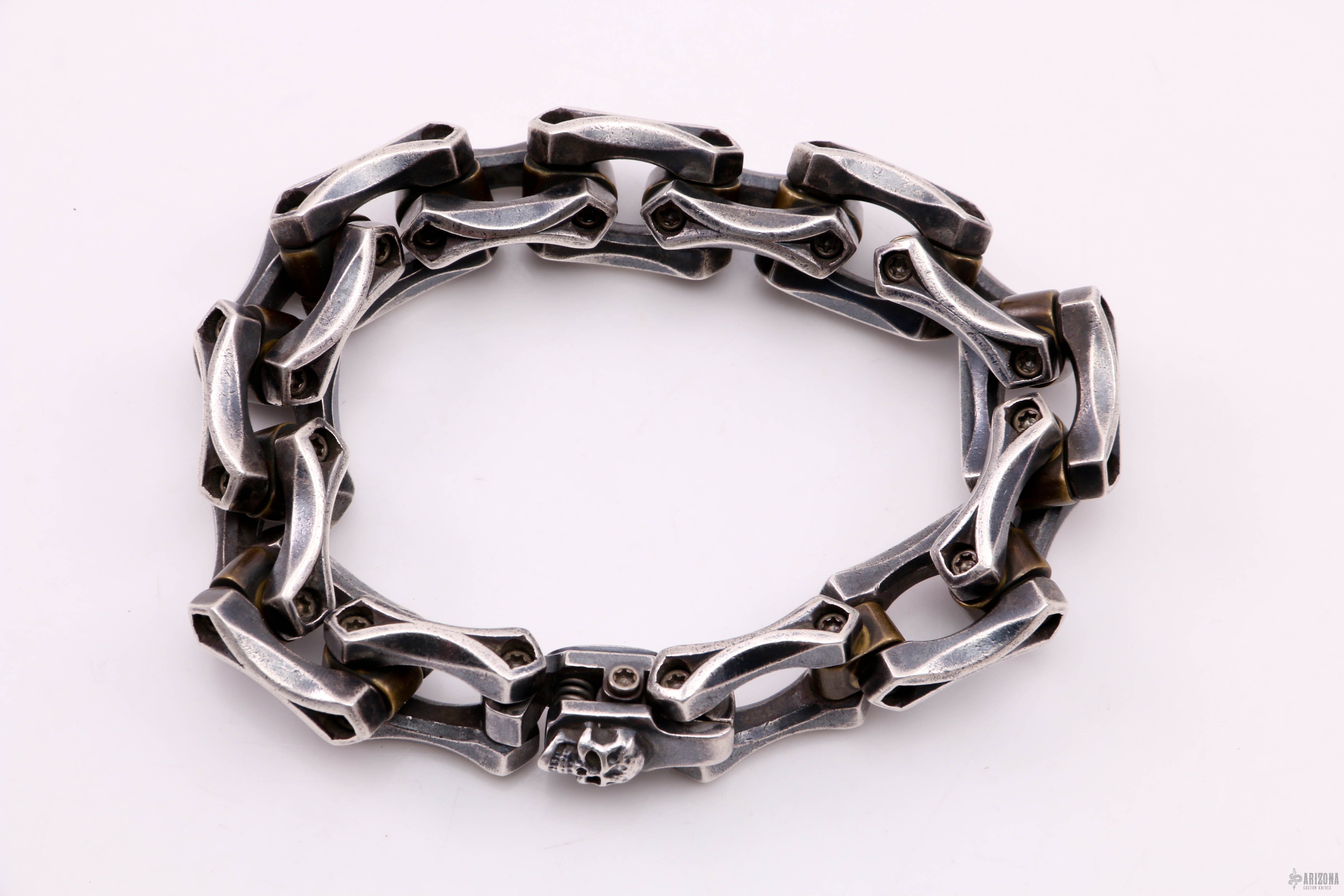 Axe Link Sterling Silver Bracelet -Skull Clasp - Arizona Custom Knives