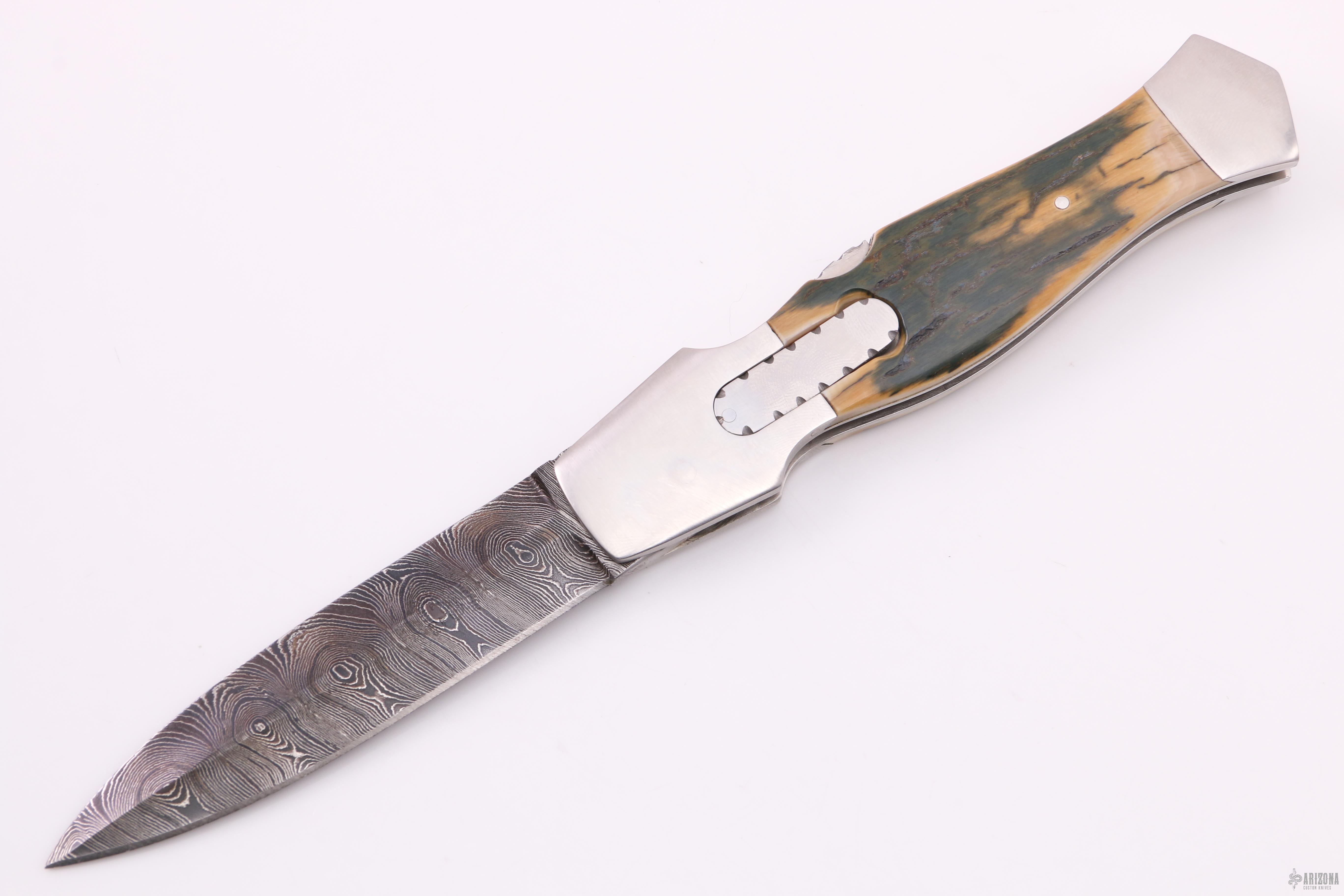 Damascus and Mammoth Ivory Auto Arizona Custom Knives
