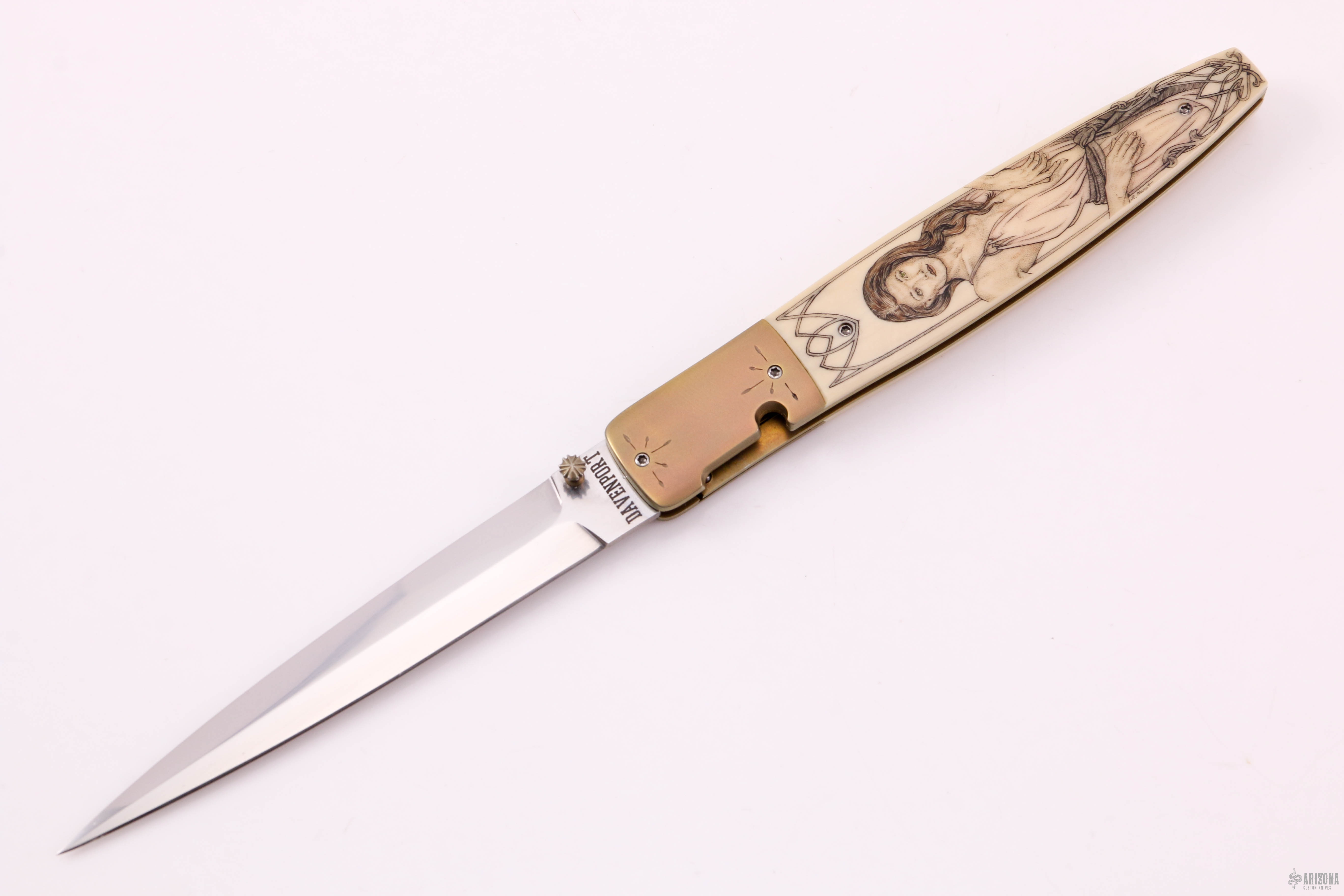 Scrimshawed Mammoth Ivory Linerlock - Arizona Custom Knives
