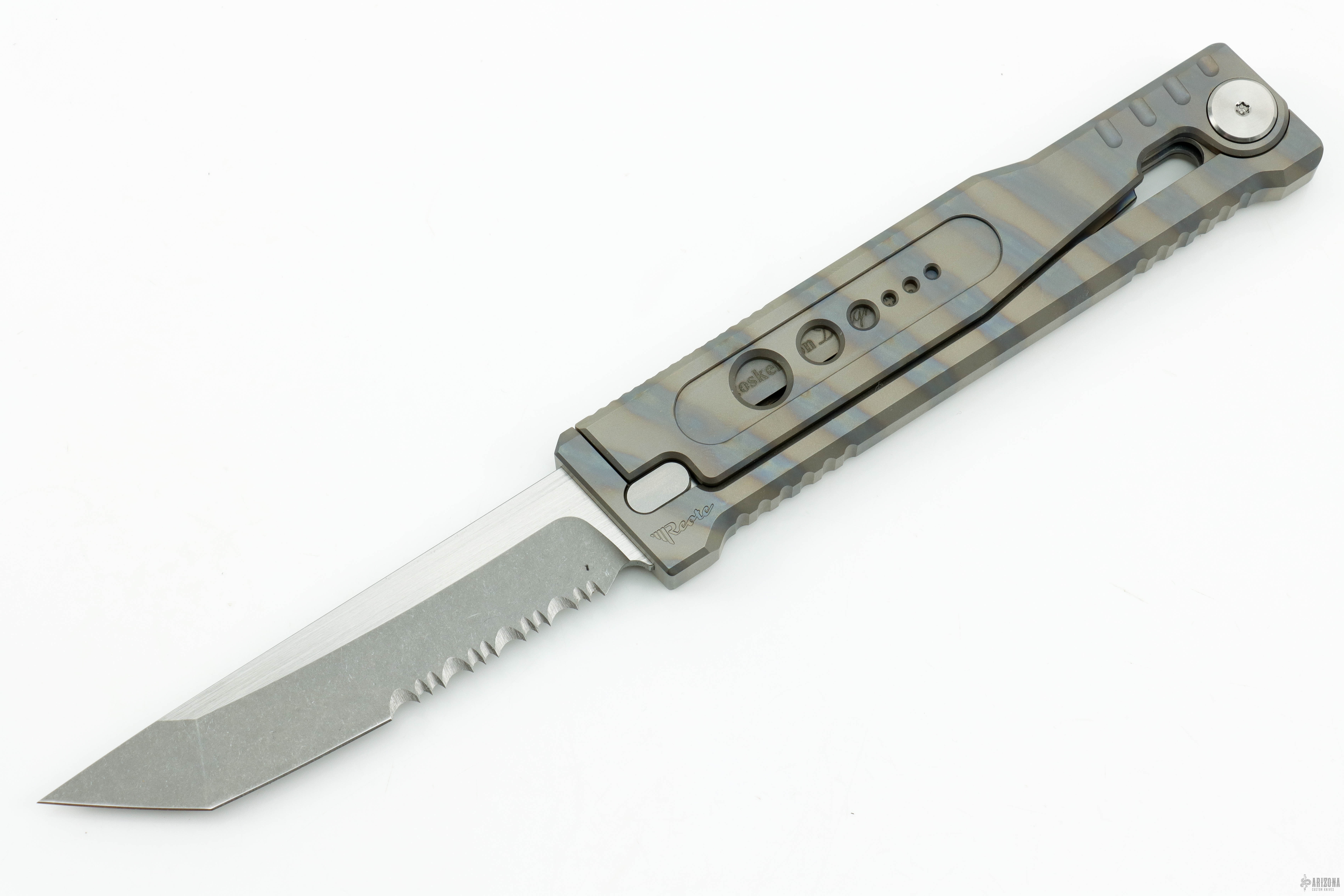 EXO Tanto Gravity Knife - Full Titanium Holes Flame Grain