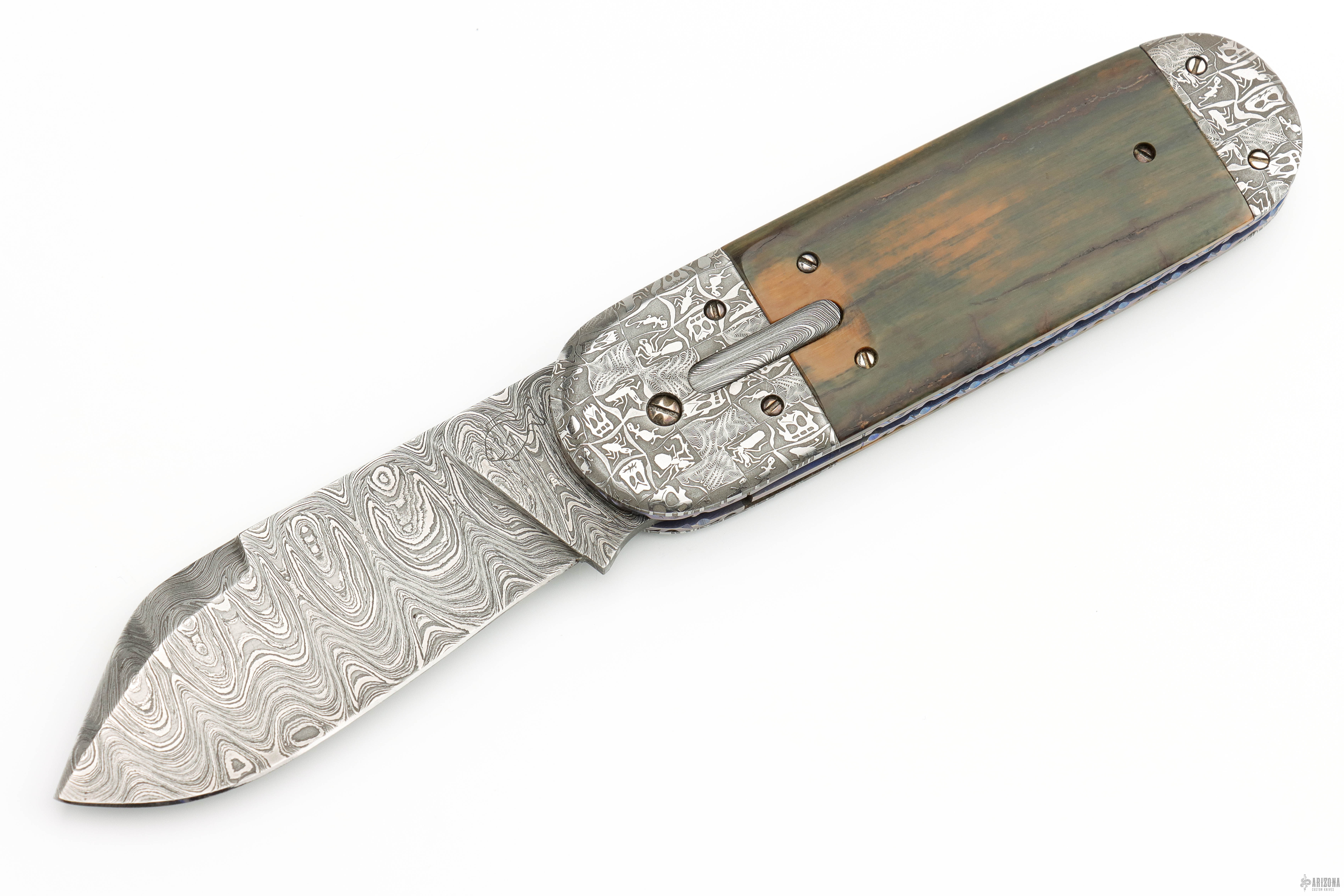 Damascus Straight Knife with RARE Fossilized Mammoth Blue Ivory