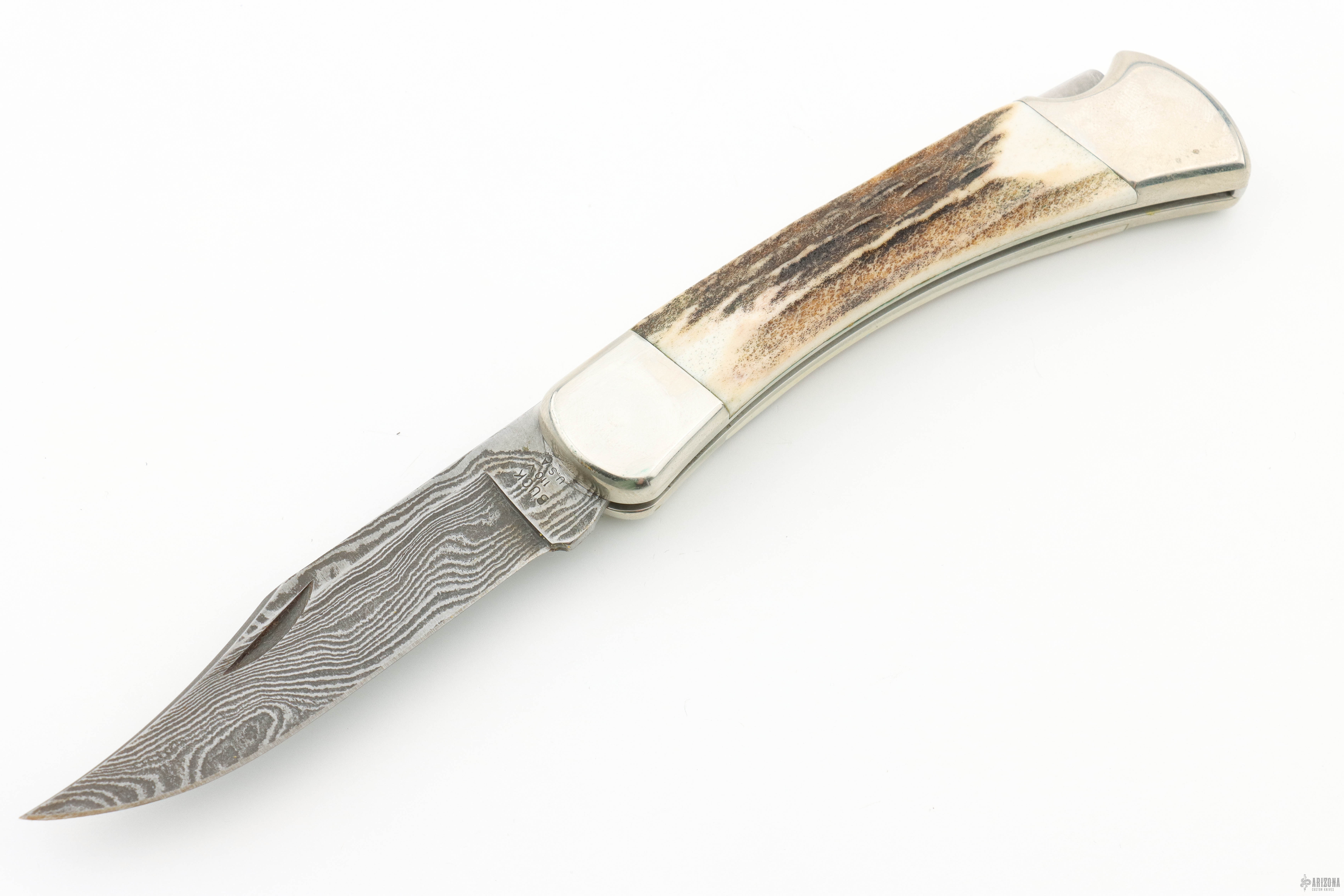 Model 110 Damascus/Stag Folding Hunter - Arizona Custom Knives