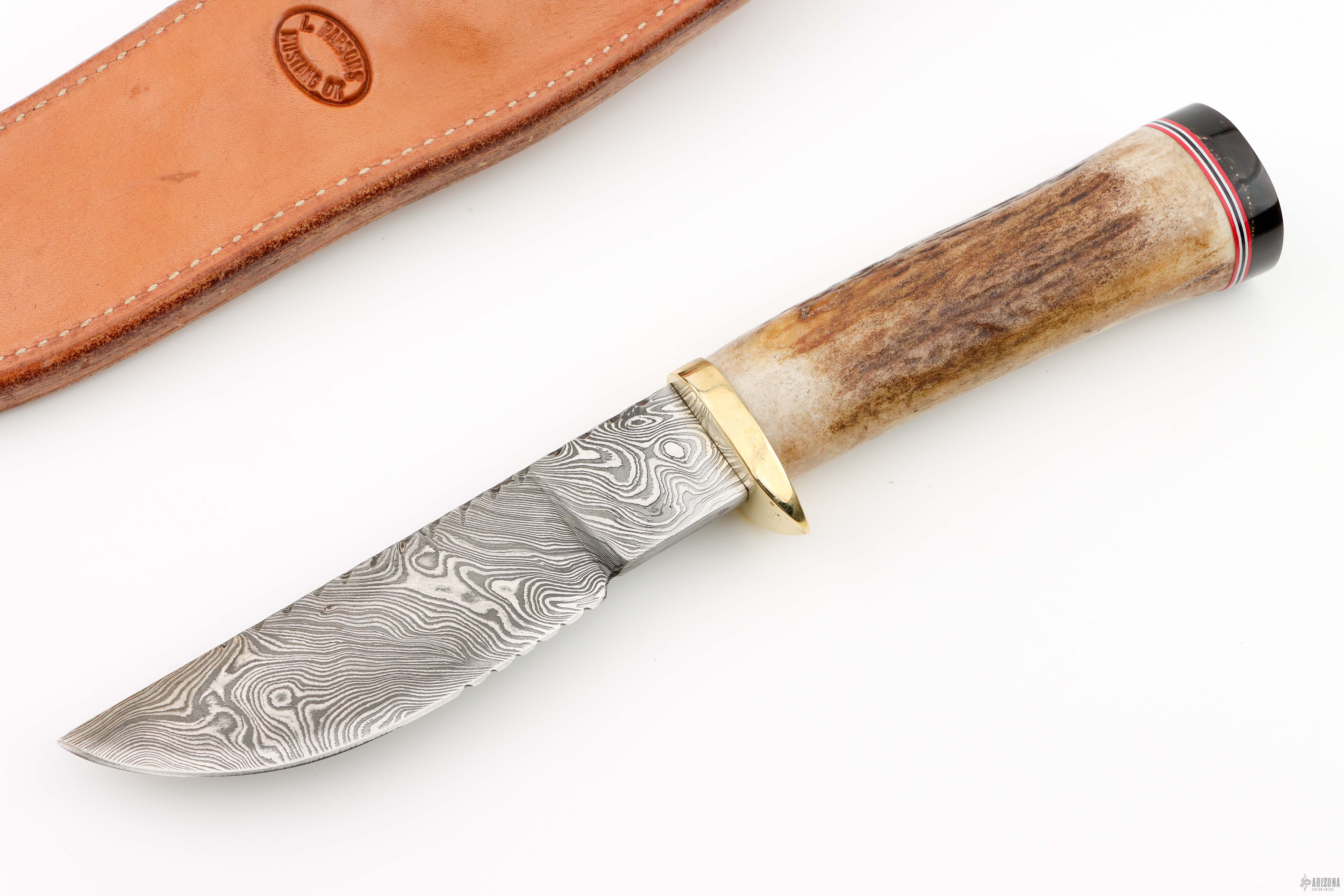 米国製ナイフ　唐草模様付 Scrimshawed Damascus Hunter - Arizona Custom Knives