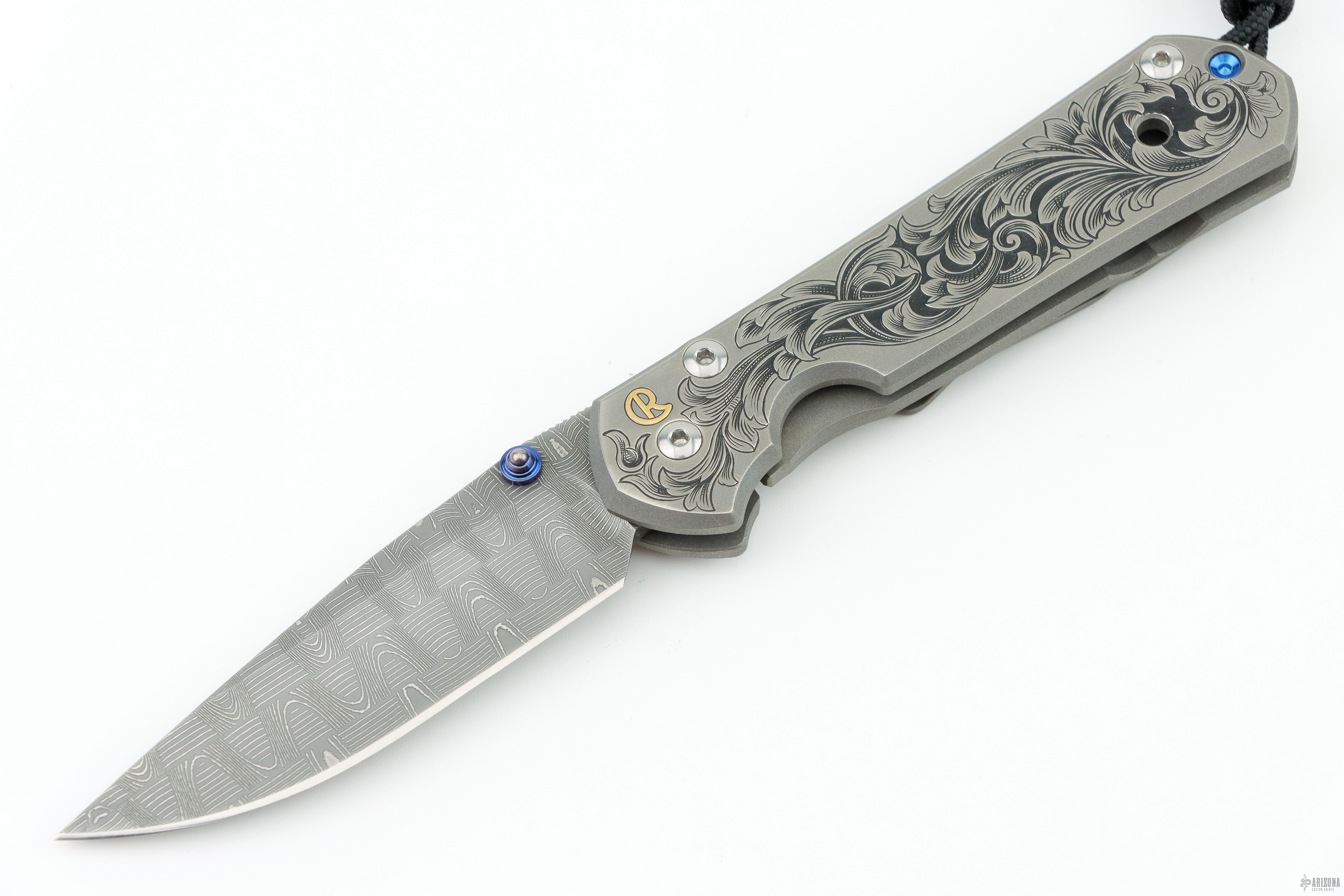 Small Sebenza 21 - Damascus Blade Engraved Handle - Arizona Custom