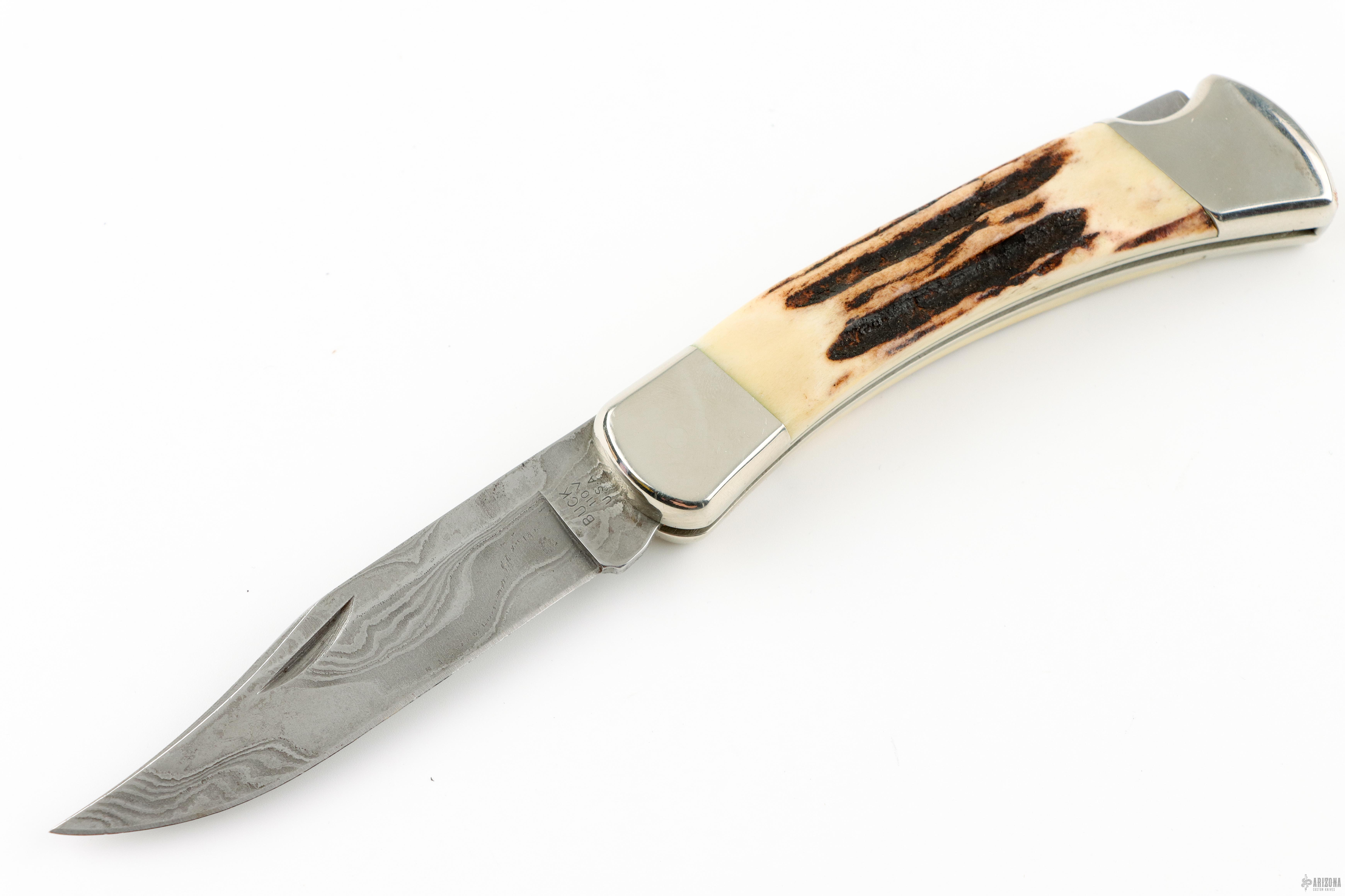 Model 110 Damascus/Stag Folding Hunter - Arizona Custom Knives Model 110 Damascus/Stag Folding Hunter - Arizona Custom Knives