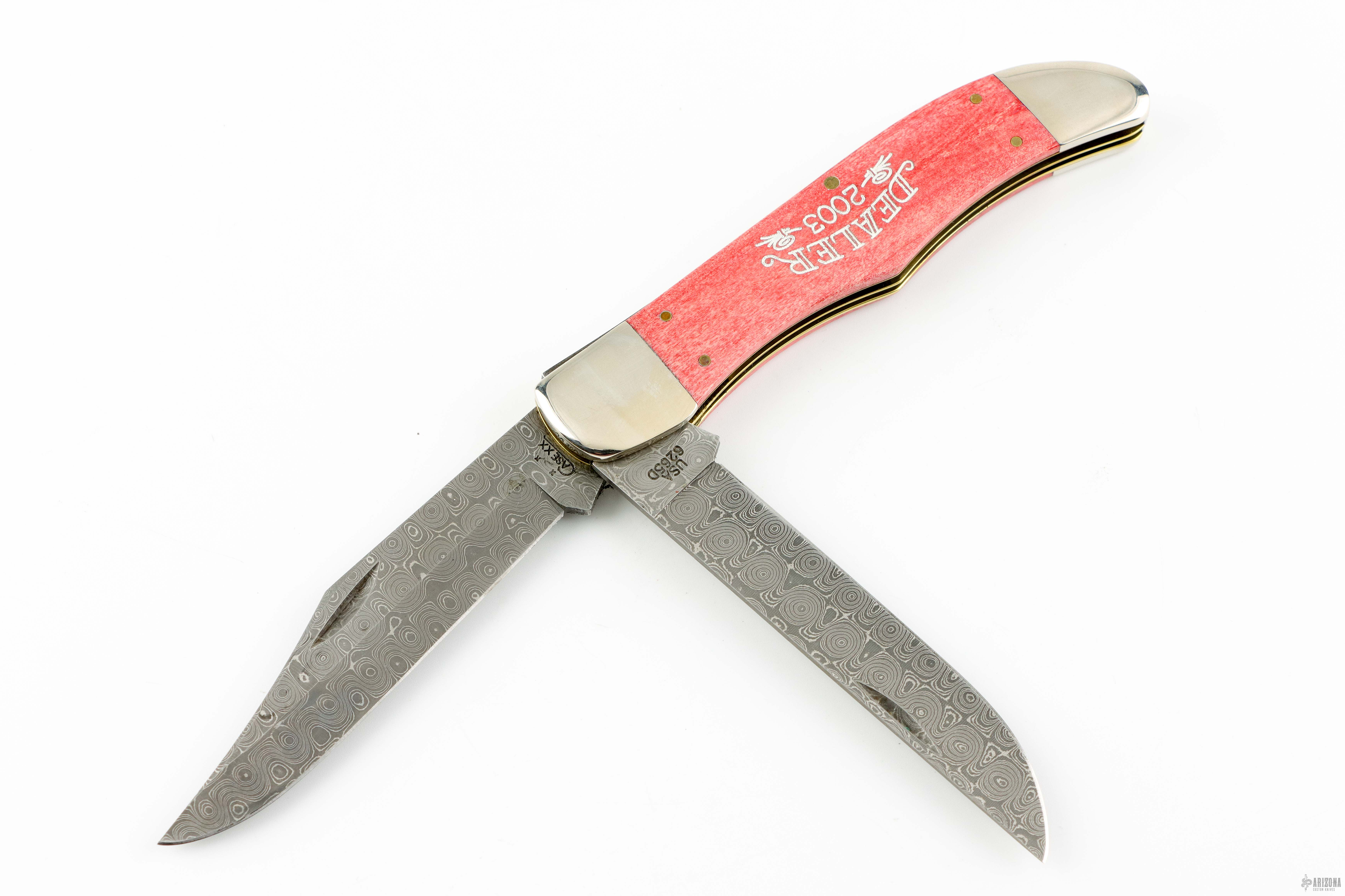 美品 Frontier Hotel 赤 オールド カジノデック 6265D Damascus Trapper - Dealer 2003 - Arizona Custom Knives