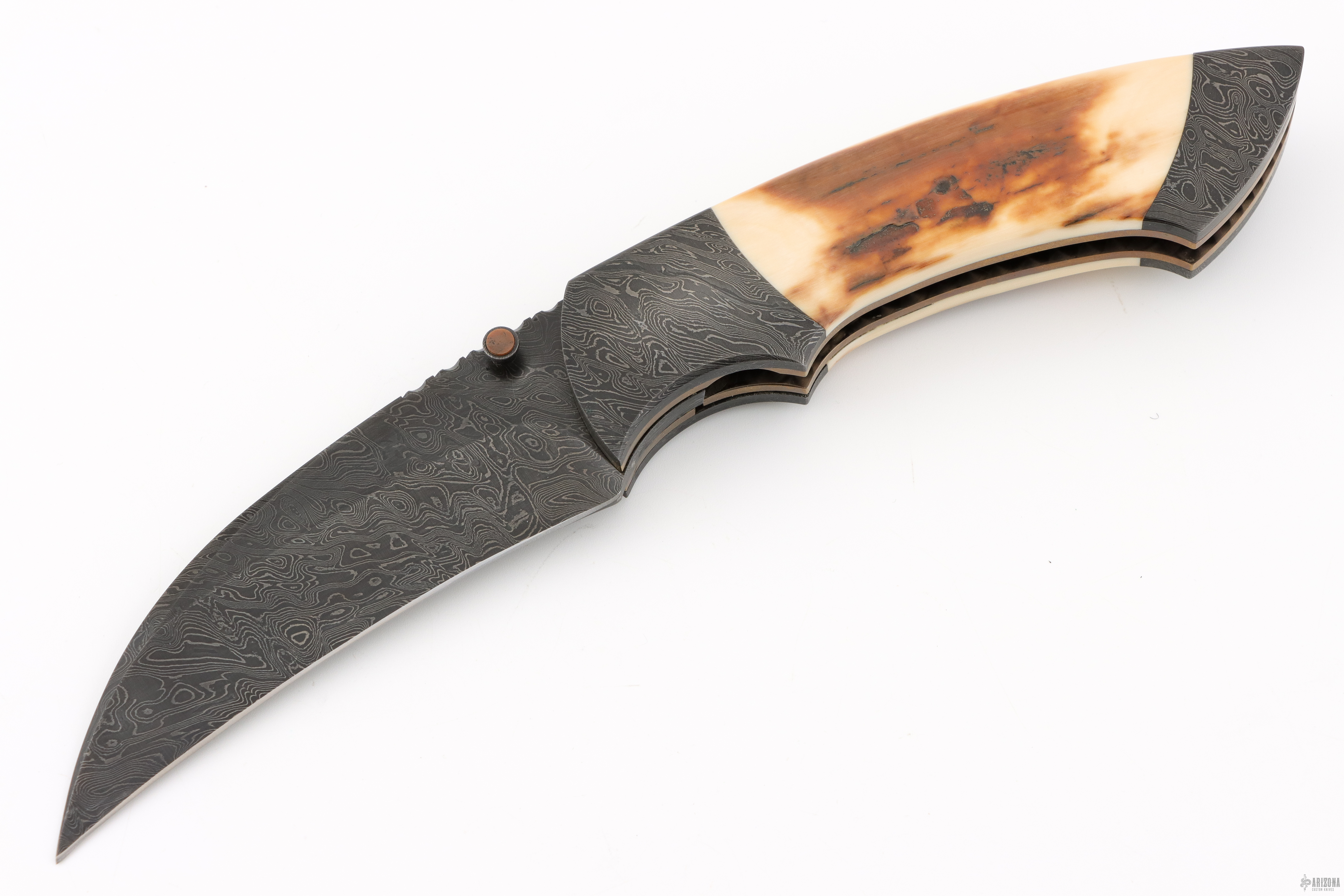 Damascus and Mammoth Ivory Hawkbill Linerlock - Arizona Custom Knives