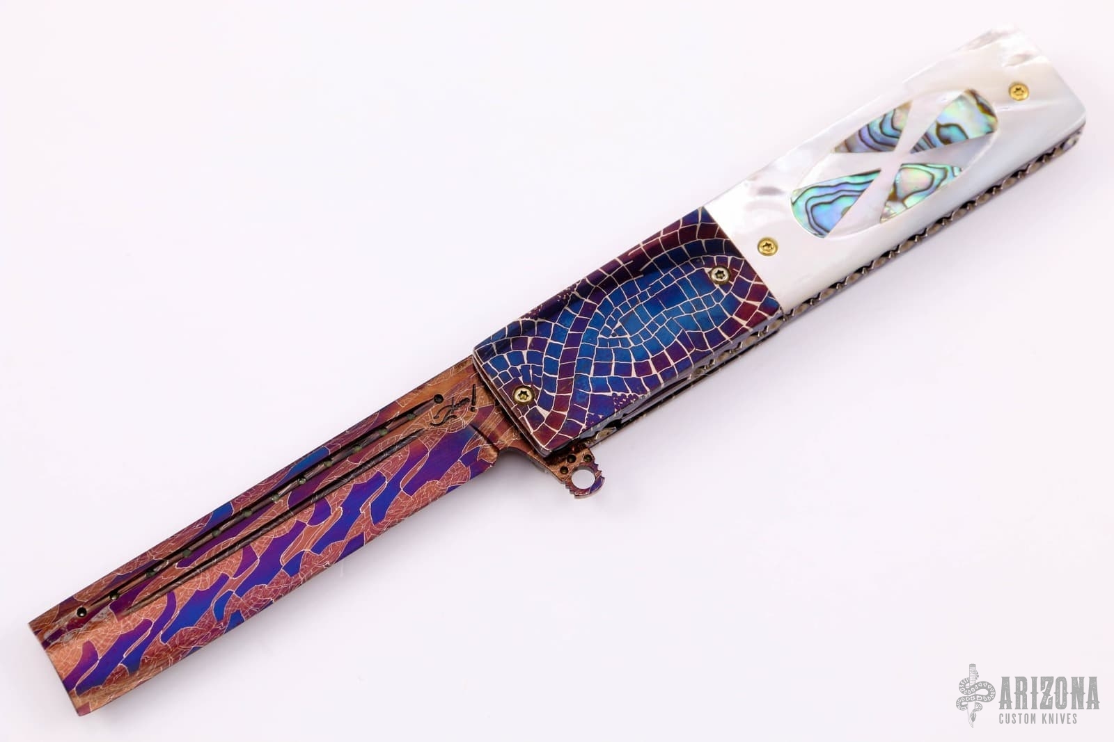 Damascus and Pearl Razor Flipper - Arizona Custom Knives