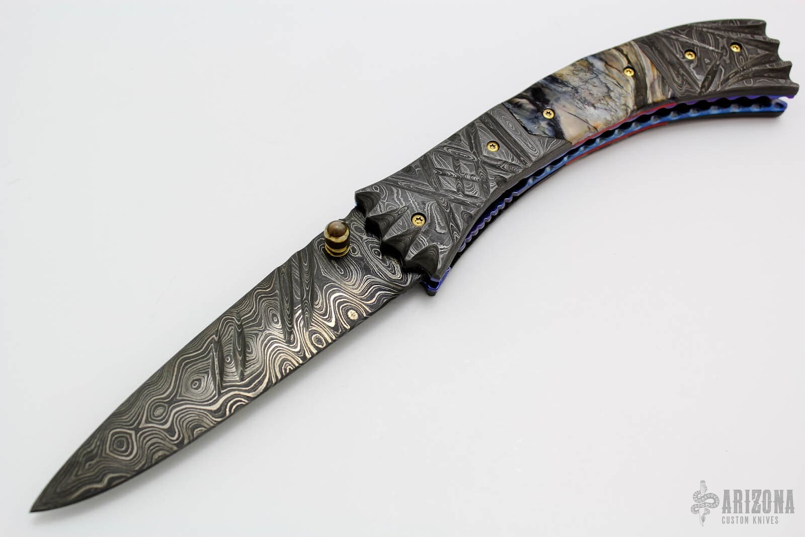 Damascus And Mammoth Tooth Linerlock Arizona Custom Knives 5494