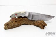 Damascus Fixed Blade w/ Red Eyed Dragon Scrim and Wooden Stand