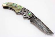Engraved Linerlock w/ Damascus and Abalone