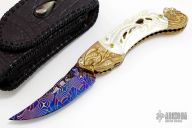 Carved Floral Mokume and White Pearl Mosaic Damascus Linerlock