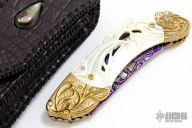 Carved Floral Mokume and White Pearl Mosaic Damascus Linerlock