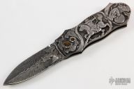 Carved Auto w/ Feather Damascus Blade