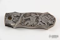 Carved Auto w/ Feather Damascus Blade