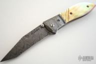Damascus & Gold Lip Pearl Tanto Style Linerlock