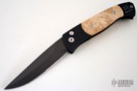 1207 BREND Auto #2 - Black Handle w/ Maple Burl Wood Inlays / Black Blade