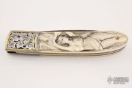 Damascus and Mammoth Ivory Linerlock - Engraved and Scrimmed