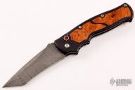  Custom M2 Auto Tanto Damascus - Burl Wood Inlays
