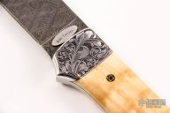 Engraved Damascus and Walrus Ivory Fixed Blade
